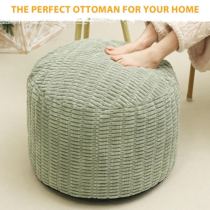 Round Stuffed Pouf Ottoman for Foot Rest, Storage Ottoman Pouf Foot Stool Cushion, Faux Fur Poufs with Foam Chunk Filling, 26 X 18 Inch Floor Chair for Living Room Bedroom Home Decor, Green