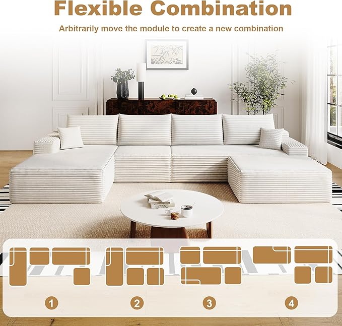 136" Sectional Couches for Living Room Modern Modular Sofa with L-Shape Couchs Upholstered Boneless Couch Deep Seat Sectional Couch with Chaise (White, Left Facing Chaise+3Seaters+Ottoman)