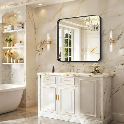 CIRCUMI Black Bathroom Mirror, Rounded Corner, Tempered Glass, Mirror