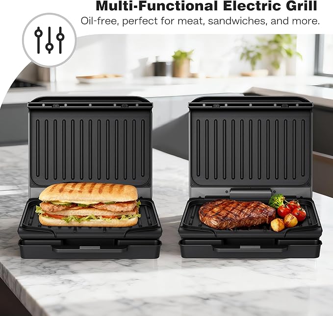 2-Serving Electric Grill and Panini Press, Tough Non-Stick Coating, Drip Tray