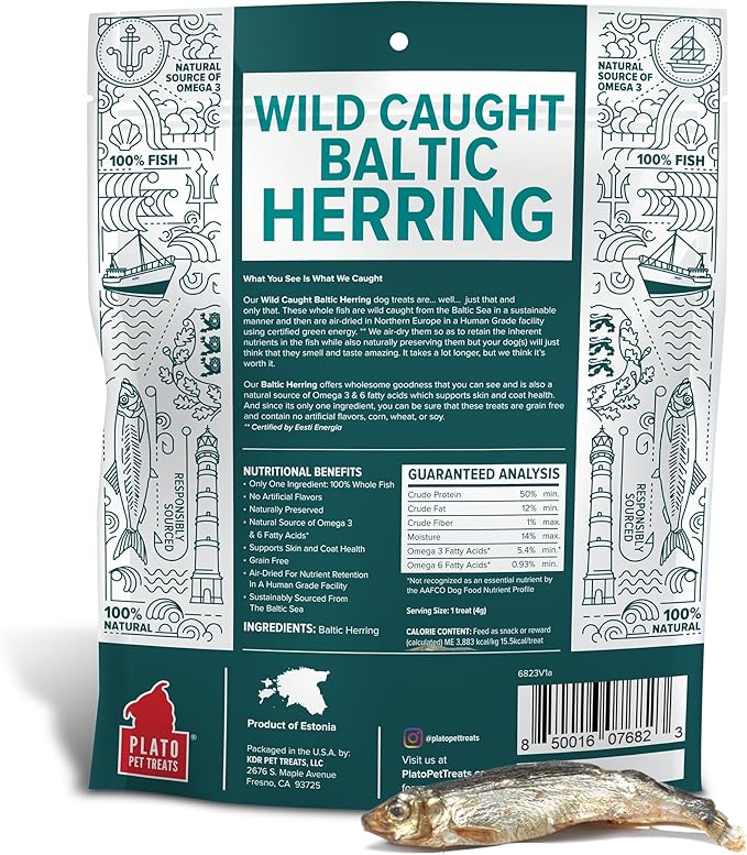 PLATO Pet Treats Fish Dog Treats - Air-Dried, Single Ingredient Dog Treat - with Omega 3 & 6 Fatty Acids to Support Skin and Coat - 100% Whole Fish - Wild Caught Baltic Herring Dog Treats - 8.5 oz