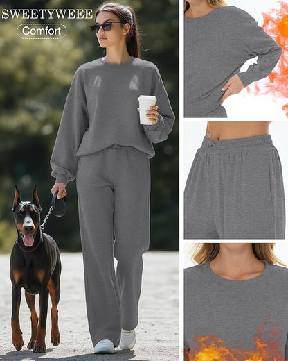 Sweetyweee Women's 2 Piece Outfits Set Fleece Lined Lounge Sweatsuit Crewneck Pullover Top Wide Leg Pants Casual Tracksuit