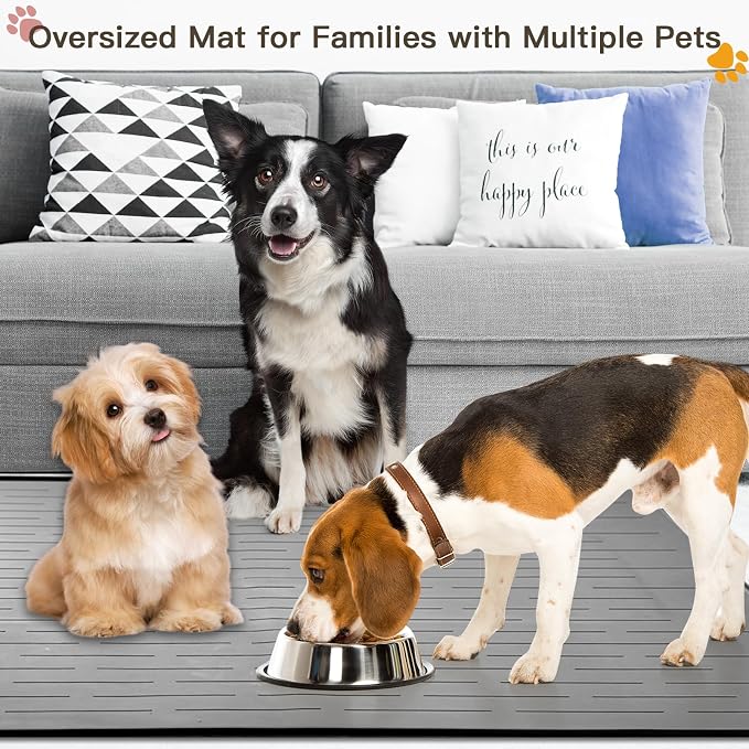 Largest Dog Food Mat, 48"x32" Silicone Dog and Cat Mat for Food and Water Bowls, Thinken Waterproof Non-Slip XXXL Pet Feeding Mat for Floors (Dark Gray)