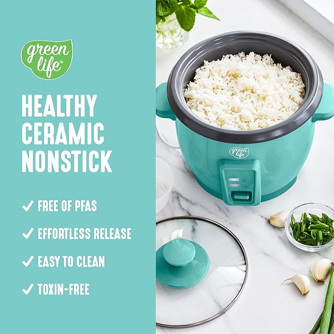 GreenLife Rice Cooker with Removable PFAS-Free Ceramic Nonstick Pot, 3-Cups
