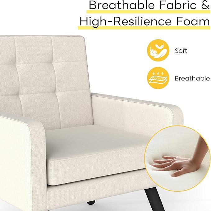 Kromax Mid-Century Modern Accent Chair for Living Room, 496 Lb. Weight Capacity, Dual Armrests, Comfy Extra Large Seat, Timeless Style Perfect for Reading & Relaxing, Cream