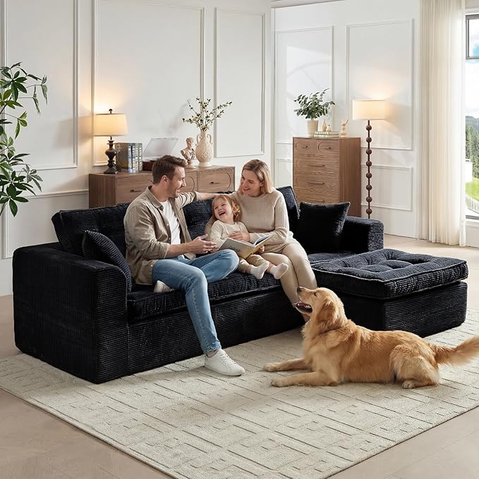 Cloud Couches for Living Room, Modern Modular Sectional Sofa with L-Shape Chaise, Boneless Couch with Deep Seat, Plush Corduroy, No Assembly Required (Black)