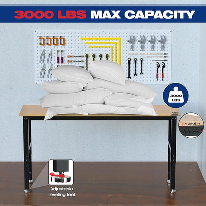 WORKPRO 72" Adjustable Workbench, 3000 LBS Load Capacity Hardwood Garage