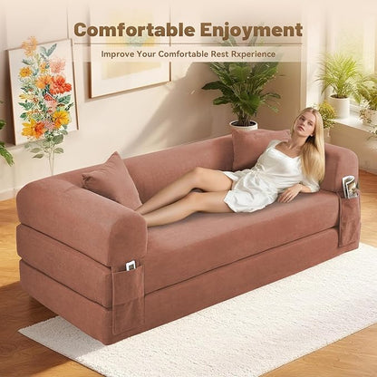 Convertible Folding Sofa Bed,80" Pull Out Couch with Pillows & Storage Pocket,Modular Futon Bed Corduroy Queen Sleeper Sofa in a Box,Compression Boneless Couch for Living Room,Pink