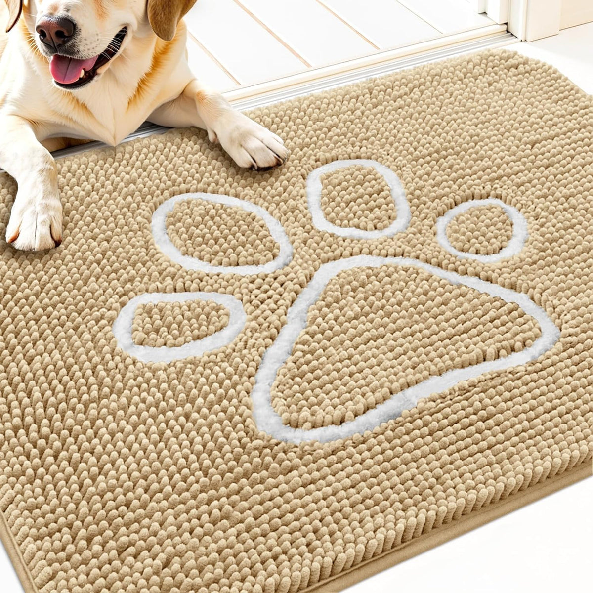 OLANLY Door Mat for Muddy Dog Paws 30x20, Ultra Absorbent Chenille Mud Doormat with Paw Print Design, Non-Slip Washable Doormat for Indoor Entryway, Quick-Dry Pet Bed Mats for Dirty Dogs, Beige