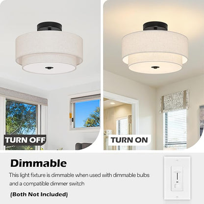 2 Light Semi Flush Mount Ceiling Light Fixture 12.6 Inch Modern Black Drum Ceiling Light Fixture with 2-Layer Fabric Shade Dimmable Close to Ceiling Light for Living Room Hallway Bedroom Entryway
