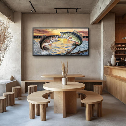 Large Fish Wall Art for Living Room, Framed Bass Fishing Wall Decor, Oversized Rustic Sunset Lake Canvas Painting Fish Pictures Modern Artwork Home Decoration for Living Room Bedroom Office 60"x30"