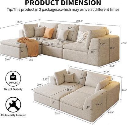 109" Oversized L Shaped Modular Sectional Sofa,Cloud Sectional Couch with Ottoman Deep Seat,Boneless Memory Foam Sofa for Living Room,Teddy Fleece Fabric, No Tools Assembly Required (Beige,1 Ottoman)