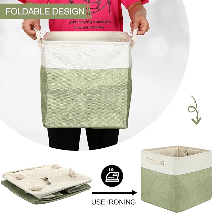 meekoo 8 Pack Collapsible Storage Bins Fabric Storage Bins Polyester Fabric Baskets with Handles Linen Closet Organizer for Shelf Home Closet Towels Toys(12 x 12 x 12 in,Green White)