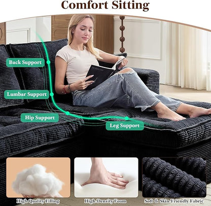 Cloud Couches for Living Room, Modern Modular Sectional Sofa with L-Shape Chaise, Boneless Couch with Deep Seat, Plush Corduroy, No Assembly Required (Black)