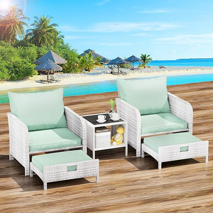 LEVELEVE Balcony Furniture 5 Piece Patio Conversation Set, PE Wicker Rattan Outdoor Lounge Chairs with Soft Cushions 2 Ottoman&Glass Table for Porch, Lawn-Grey Wicker