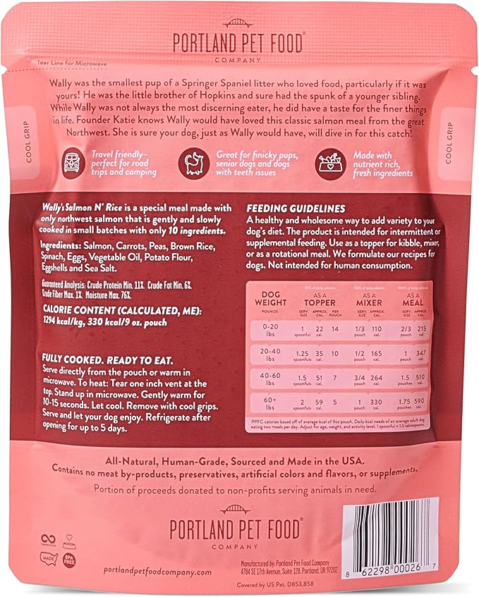 Portland Pet Food Company Fresh Dog Food Pouches Human-Grade Toppers Wet Pet Meal & Mix-Ins - Gluten-Free Limited Ingredient Wally’s Salmon N’ Rice - Large & Small Breed, Puppy to Senior - 5 Pack