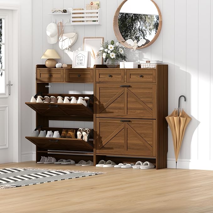 Shoe Cabinet with 2 Flip Drawers & 2 Storage Drawers, Rustic Farmhouse Narrow