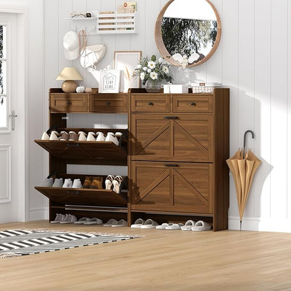 Shoe Cabinet with 2 Flip Drawers & 2 Storage Drawers, Rustic Farmhouse Narrow
