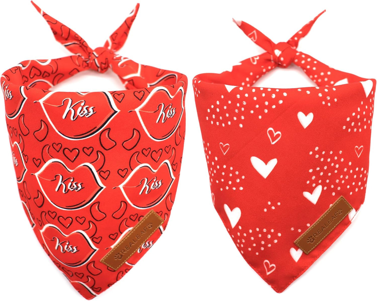 Realeaf Valentine's Day Dog Bandanas 2 Pack, Reversible Heart Dog Scarf for Boy and Girl, Premium Durable Fabric, Holiday Love Bandana for Medium and Large Dogs Pets (Large)