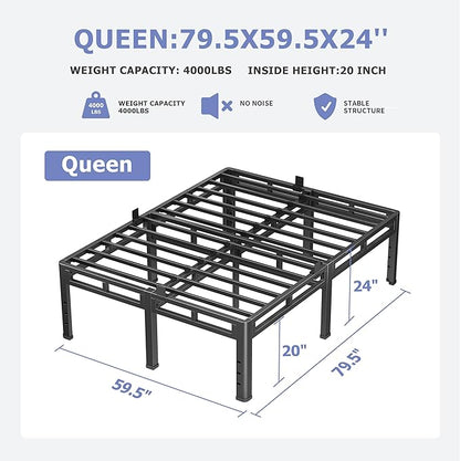 NKZ 24 Inch Queen Size Bed Frame, Metal Bed Frame & Box Spring 2 in 1 Platform with Round Corner Legs, 4000Lbs Heavy Duty Metal Frame, Mattress Slide Stopper, Headboard Hole, Noise-Free, Easy Assembly