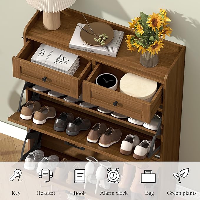 Shoe Cabinet with 2 Flip Drawers & 2 Storage Drawers, Rustic Farmhouse Narrow