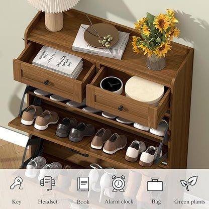 Shoe Cabinet with 2 Flip Drawers & 2 Storage Drawers, Rustic Farmhouse Narrow