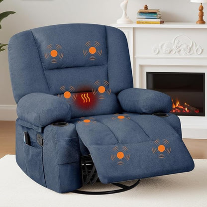 Rocker Recliner Chairs for Adults w/Vibration Massage and Heating,360° Swivel Rocker Glider Recliner,Extra Wide Manual Lazy Chair,Chenille Fabric Sofa Chair for Living Room,Bedroom,Blue
