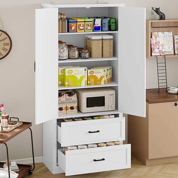 Pantry Organizers and Storage Cabinet, 71” Barn Door White Kitchen Cabinet