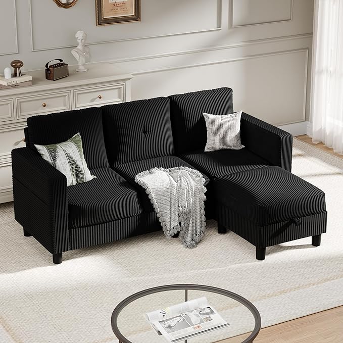 SUNLEI Convertible Sectional Couch Sofa for Small Spaces, L Shaped Modular Sofa with Removable Ottoman Storage, 3 Seat Modern Small Couches for Living Room in Apartment, Black