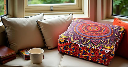 CRAFT KALA Large Hippie Mandala Meditation Floor Ottoman Pillow Cushion Pouf Cover Square Poufs Bohemian Circle Floor Cushion Case Outdoor Fireplace Yoga Living Room Decor Cover New Orange, 16" Square