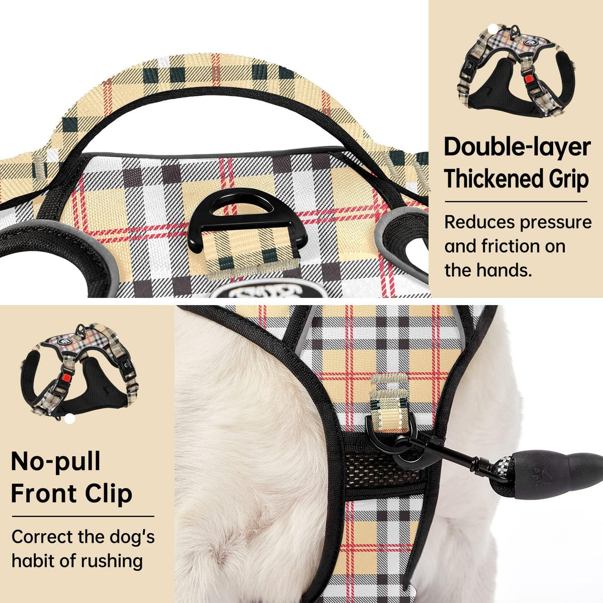 IVY&LANE No Pull Dog Harness with Leash Set, Reflective No Choke Pet Vest,Adjustable Oxford Dog Vest Harness with Easy Control Handle for Medium Lagre Dogs (Checkered Beige,M)