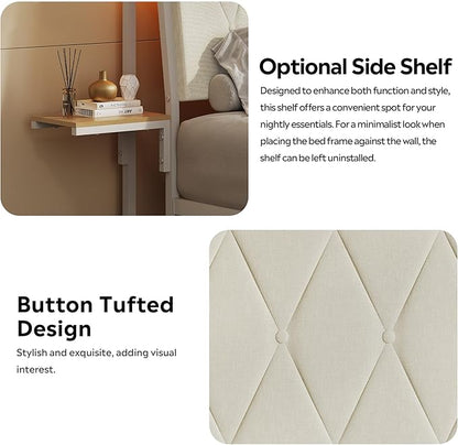 WLIVE Full Size Upholstered Bed Frame with 2 Side Shelves, Linen Tufted Storage Headboard with Charging Ports and LED Light, Metal Solid and Stable, No Box Spring Needed, Easy Assembly, Beige