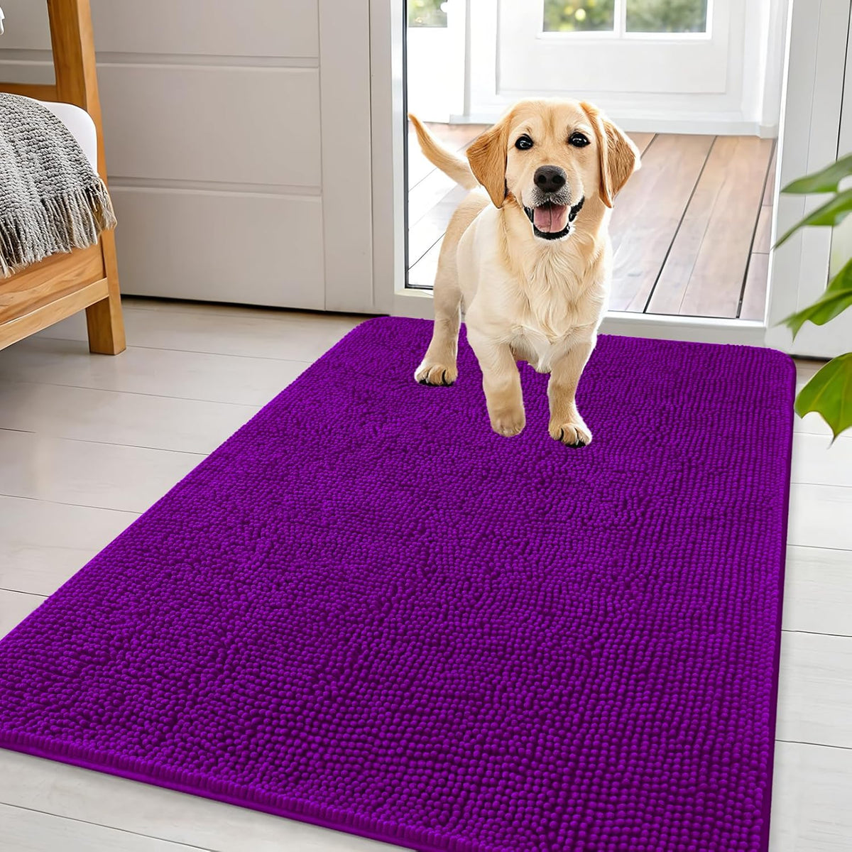 OLANLY Dog Door Mat for Muddy Paws 44x32, Absorbs Moisture and Dirt, Absorbent Non-Slip Washable Doormat, Quick Dry Chenille Mud Mat for Dogs, Entry Indoor Entryway Carpet for Inside Floor, Purple
