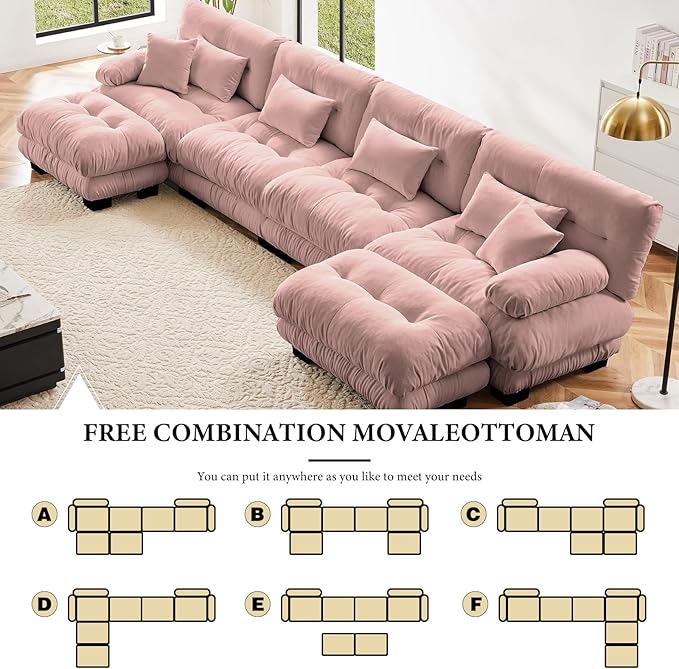 173.2" Oversized Couch, 4 Seater Modular Sectional Sofa, Pink Large U Shaped Fluffy Couch Set, Chenille Cloud Sofas with Ottoman for Living Room