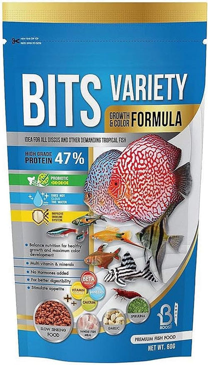 A.D.P. Fish Booster Bits Variety All Discus & Tropical Fish Food Mini Slow Sinking Pellets Grow Faster & Color Enhancing High Protein 47% for Goldfish & Aquarium Tropical Fish 60 g. Small Fish Feed