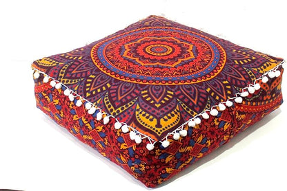 CRAFT KALA Large Hippie Mandala Meditation Floor Ottoman Pillow Cushion Pouf Cover Square Poufs Bohemian Circle Floor Cushion Case Outdoor Fireplace Yoga Living Room Decor Cover New Orange, 24" Square