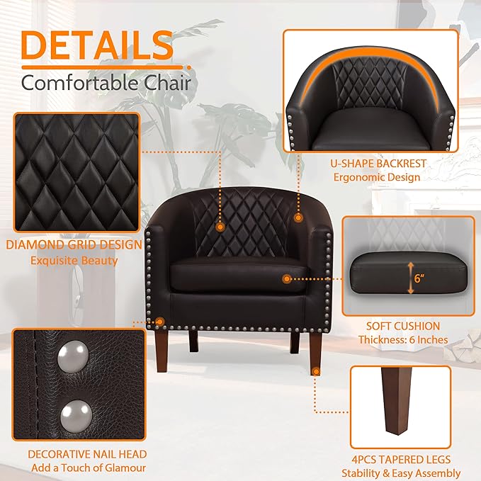 PrimeZone Barrel Chair Set of 2, Comfy Accent Chair, Faux Leather Living Room Chairs Club Chair with Cushion, Nailhead Trim and Diamond Grid Backrest, Reading Chair for Bedroom Waiting Room, Brown