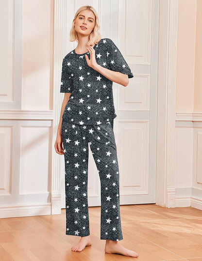 Ekouaer 2 Pack Womens Pajama Sets Short Sleeve Tops and Long Pants Casual Comfy Pjs Lounge Set with Pockets,S-XXL