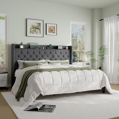 SHA CERLIN King Size Platform Bed Frame with Charging Station, Velvet Wingback Headboard with Storage Shelf, Wooden Slats Support, Ample Under-Bed Space, No Box Spring Needed, Easy Assembly, Dark Grey