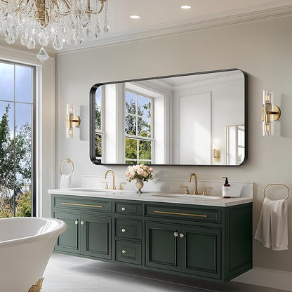 CIRCUMI Black Bathroom Mirror, Rounded Corner, Tempered Glass, Large Mirror