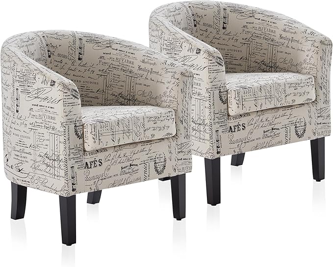 BELLEZE Accent Barrel Chair Set of 2, Linen Round Chair Club Tub Sofa Corner Chair with Flared Legs and Cozy Soft Padding for Living Room Bedroom Waiting Room - Black & Beige