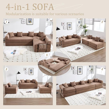 106" Oversized Convertible Sleeper Sofa Bed, Corduroy L Shape Sectional Couch, Folding Sofa Bed with Side Pocket, Modern Cloud Floor Mattress Couch, Modular Sofa for Living Room, Brown