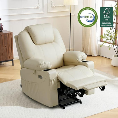 MCombo Power Lift Recliner Chair for Elderly, Lift Chair with Heat and Massage, FSC Certified, USB Ports, Cup Holders, Faux Leather 7040 (Cream White, Medium)