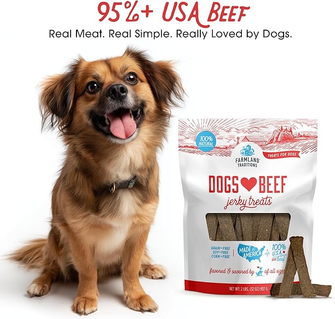 Farmland Traditions Dogs Love Beef Jerky Dog Treats, All Natural, Grain-Free, High Protein Training Treats, 2 Pound Bag