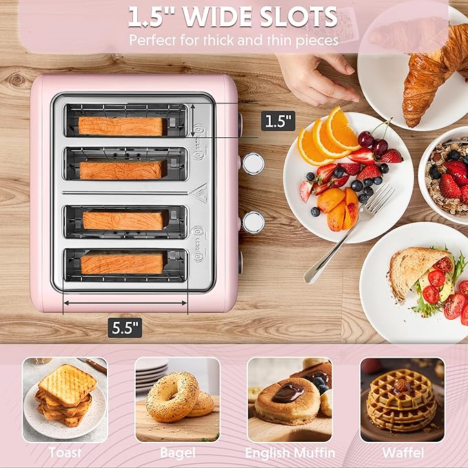 BUYDEEM DT640 4-Slice Toaster, Extra Wide Slots, Retro Stainless Steel