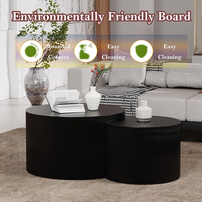 Nesting Coffee Table with Non-Slip Mat Vertical Stripe Design Round Fluted Side Table Set of 2 - No Assembly Required for Living Room Bedroom Balcony Yard (I-27.6+19.7in)