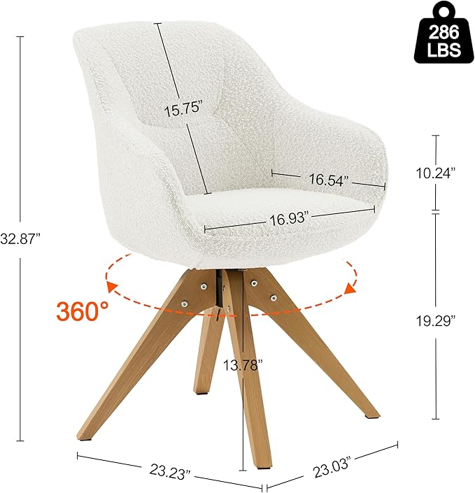 Art Leon Swivel Accent Chair - Mid Century Modern Desk Chair No Wheels, Boucle Fabric Upholstered Armchair with Natural Oak Wood Lges, White