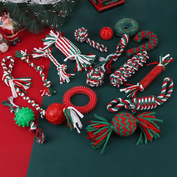 EXPAWLORER Christmas Dog Toys Bulk 15 Pack Set - Puppy Xmas Toys Gift Box for Teething, Durable Squeaky Rope Ball Toy, Indestructible Rubber Chew Toy, Interactive for All Dogs Aggressive Chewers