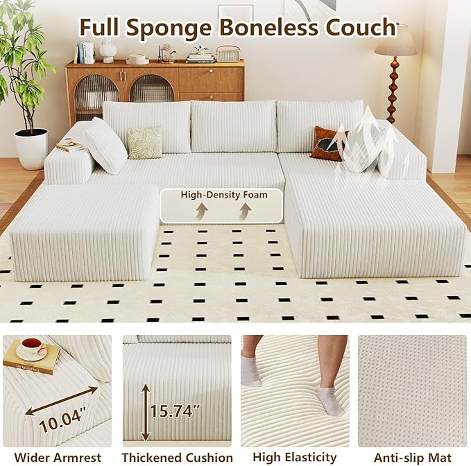 96" U-Shape Cloud Couch, Modern Modular Sectional L-Shape Sofa with Ottoman, Corduroy Upholstered Couches Deep Seat Sleeper Chaise Longue for Living Room, No Assembly Required(White, Right Facing)