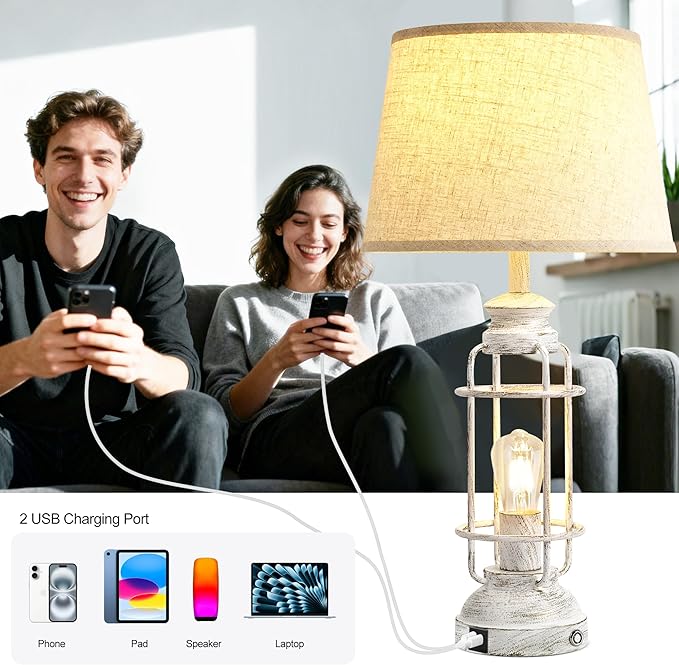 28" Table Lamps for Living Room Set of 2, 3 Way Dimmable Touch Lamps with USB A+C Ports,Farmhouse Table Lamps for Bedroom,Industrial Lamp for Living Room End Tables,4 Bulbs Included
